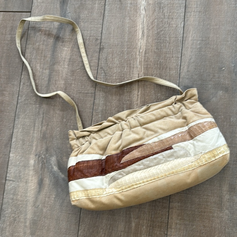 Vintage 80s Boho Hippe Canvas & Leather Patchwork Clutch